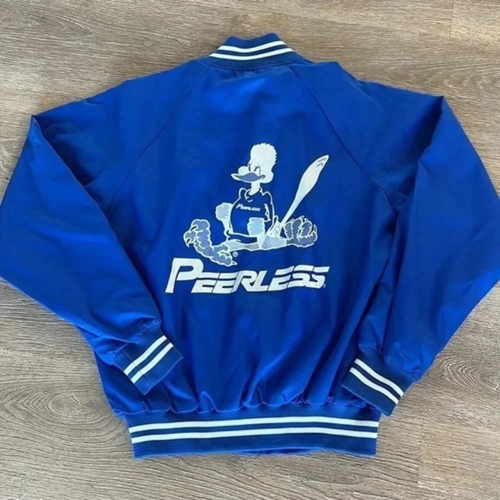 Vintage Nylon Bomber‎ Varsity Jacket Roadrunner Peerless Retro Blue M USA